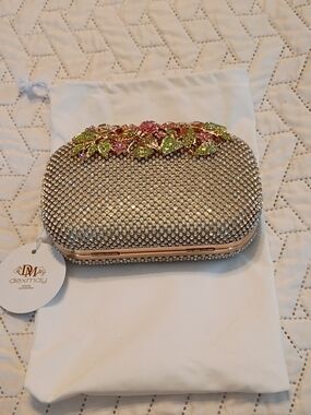 Gold Crystal Evening Clutch with Pink & Green Floral Accents